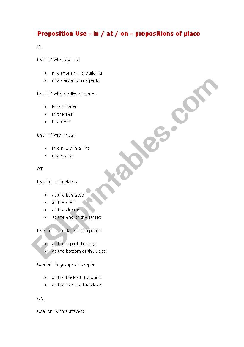 Preposition Use place worksheet