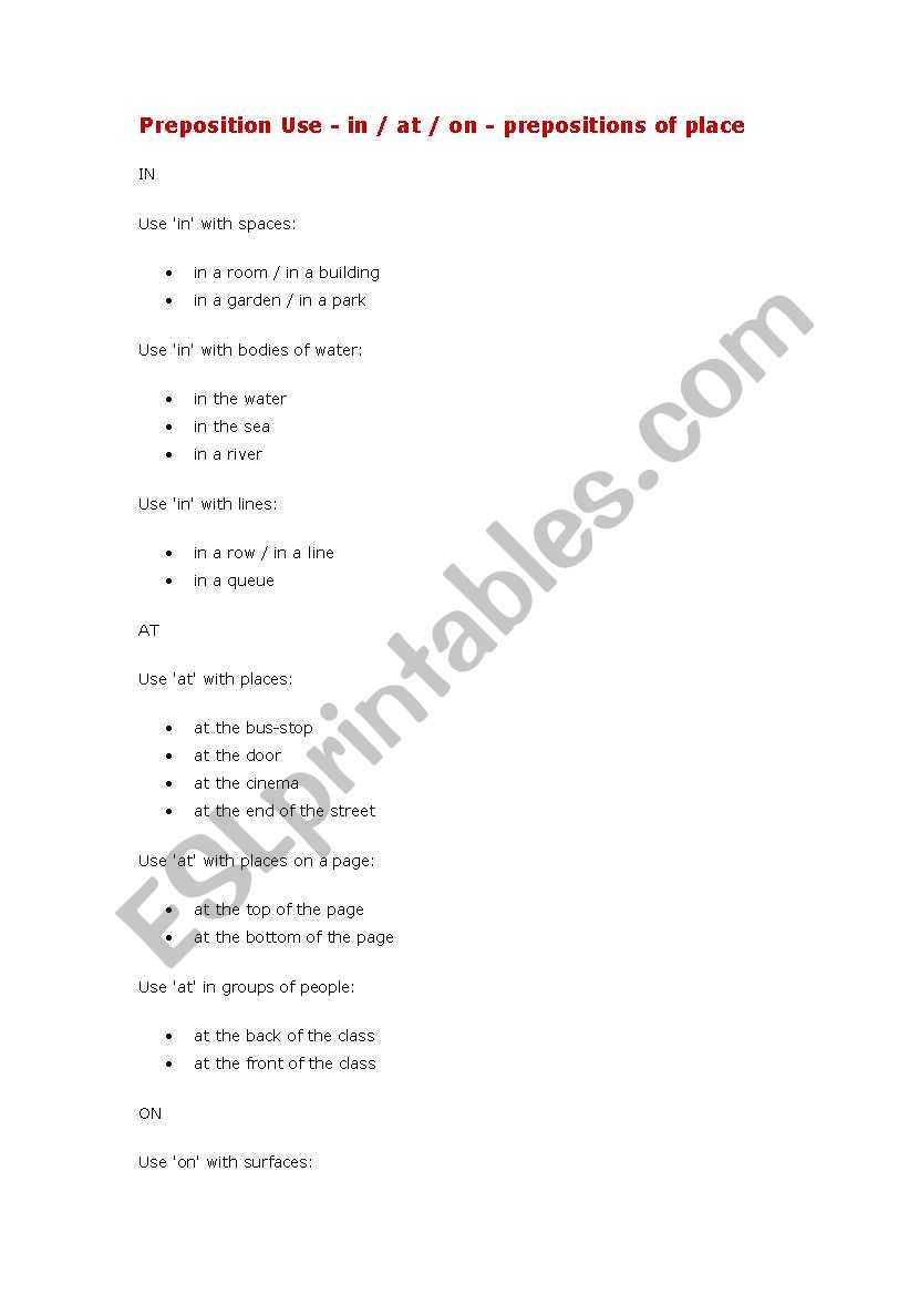 Preposition Use place worksheet