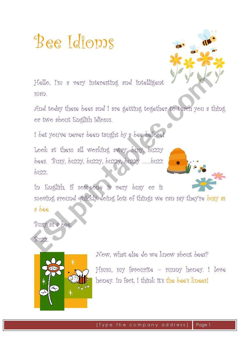 Bee idioms worksheet