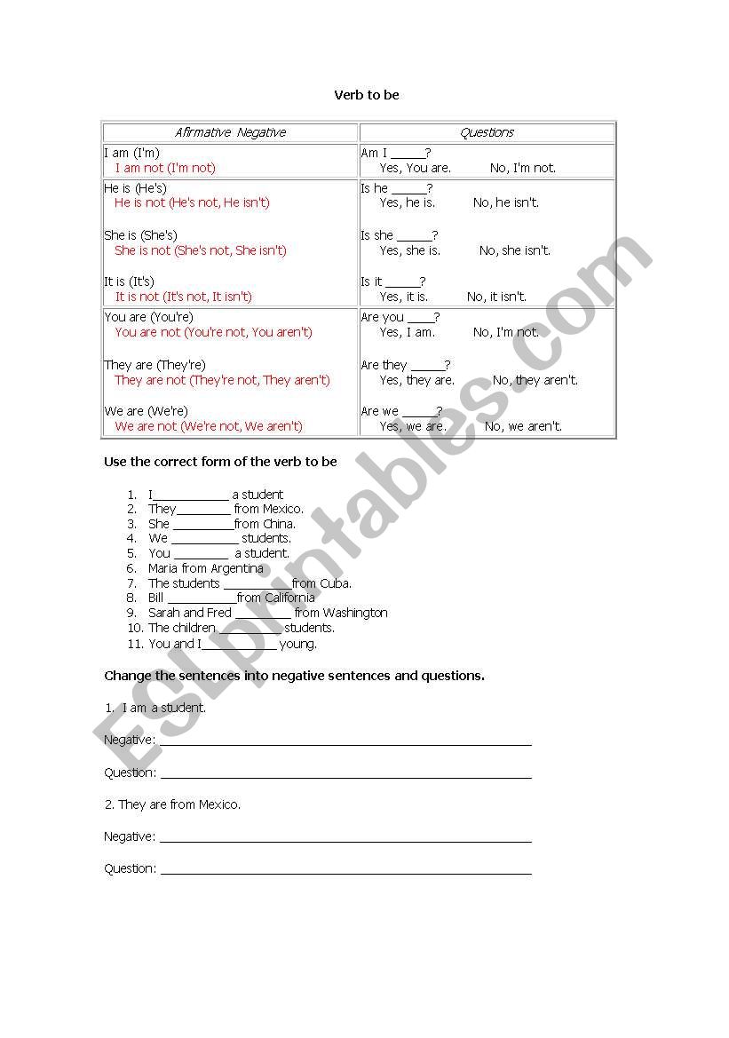 Verb to be worksheet