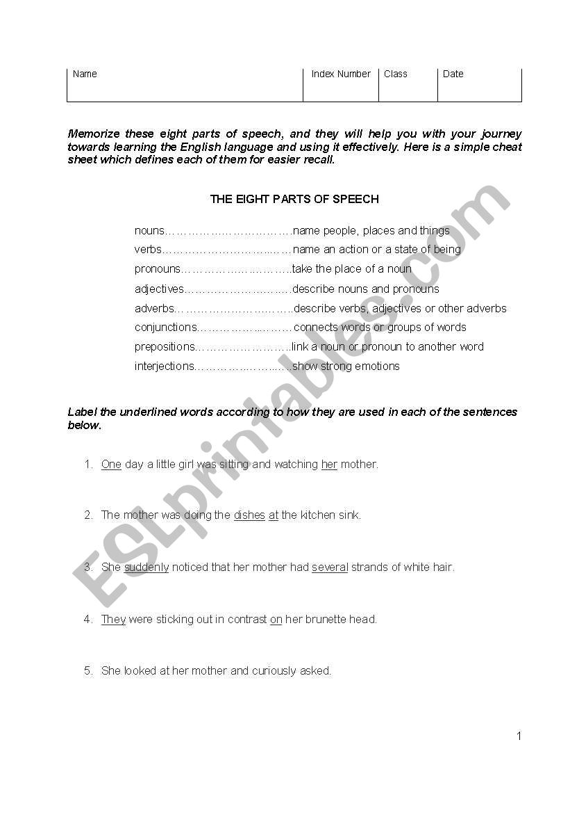 Parts of Speech worksheet