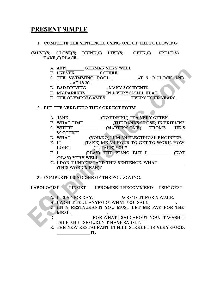 present simple worksheet