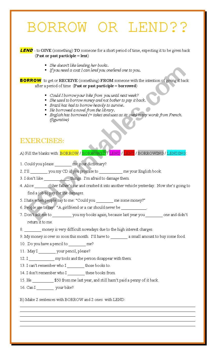 Borrow or Lend? worksheet