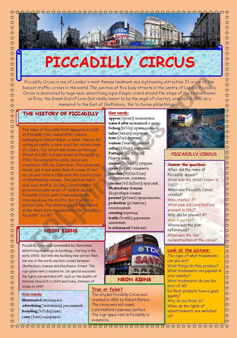 PICCADILLY CIRCUS (2 PAGES) worksheet