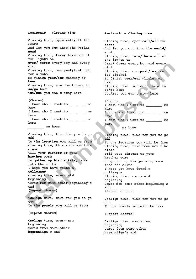 Semisonic Song - Closing Time worksheet