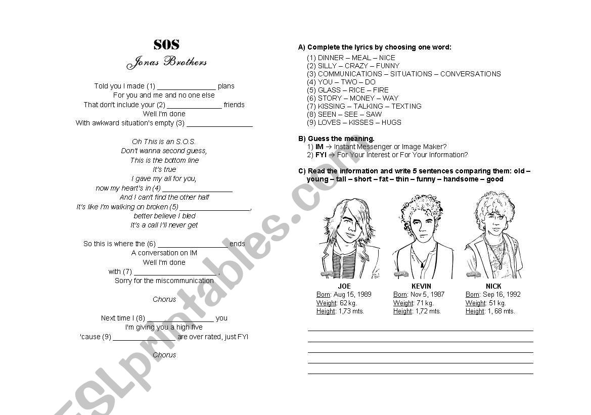 SOS by Jonas Brothers worksheet