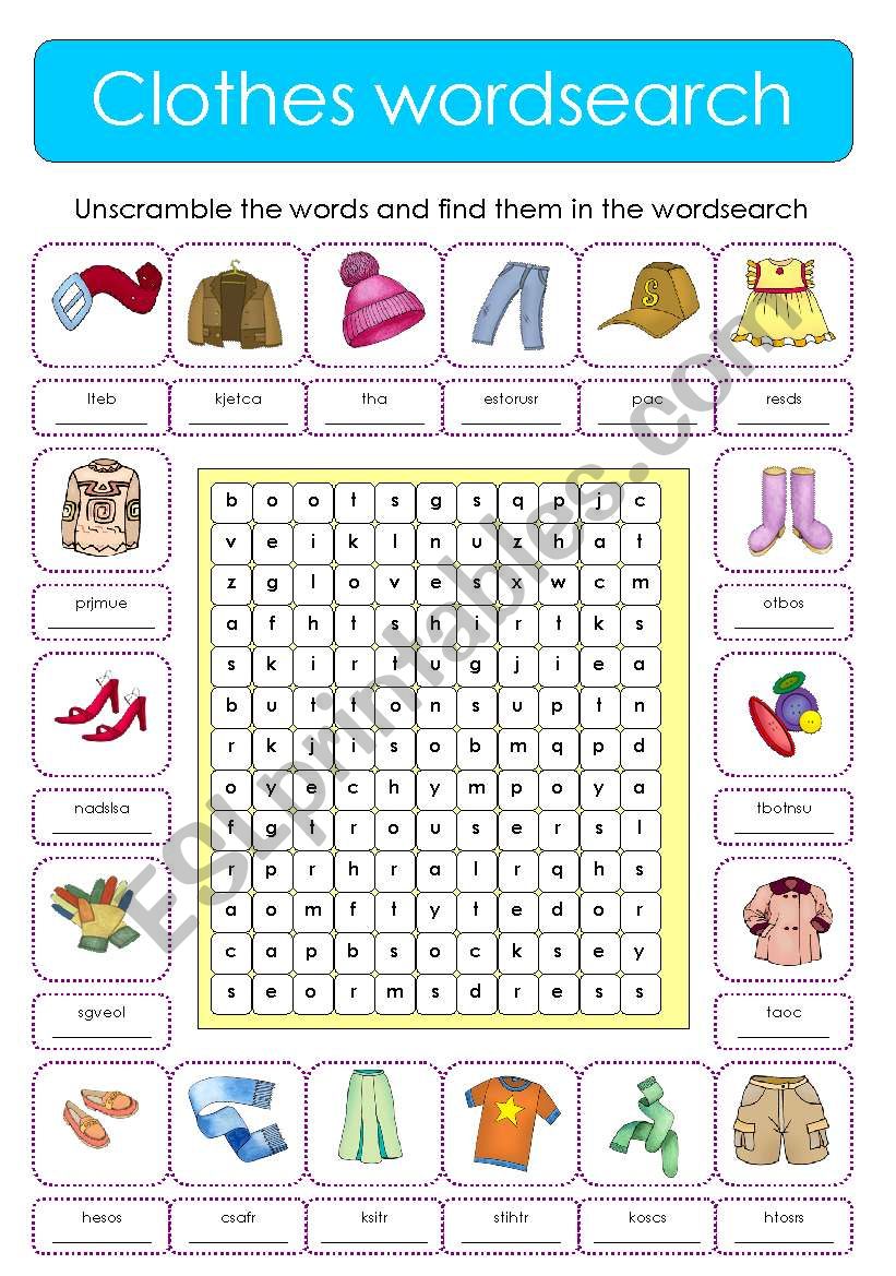 Clothes wordsearch worksheet