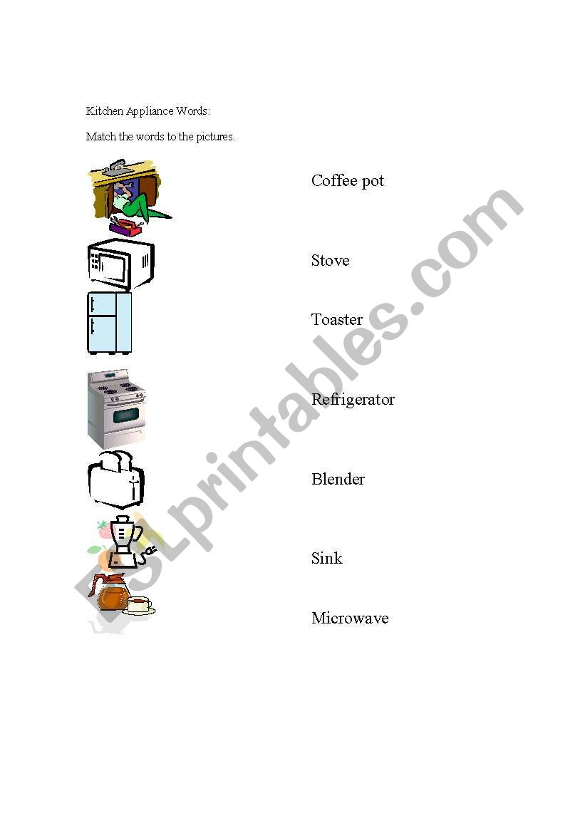 Kitchen Appliance Worksheet worksheet