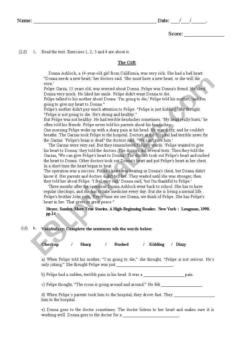 9 grade: a test worksheet
