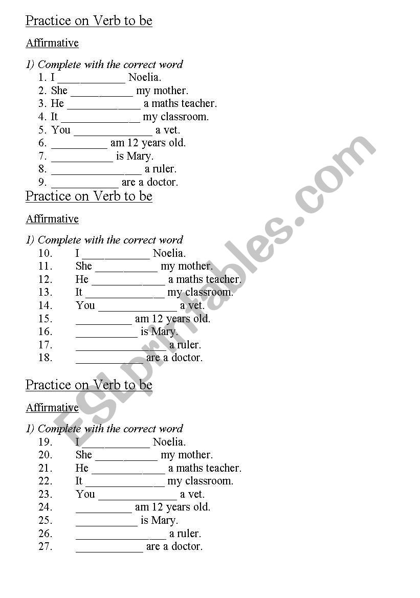 VERB TO BE AFFIRMATIVE worksheet