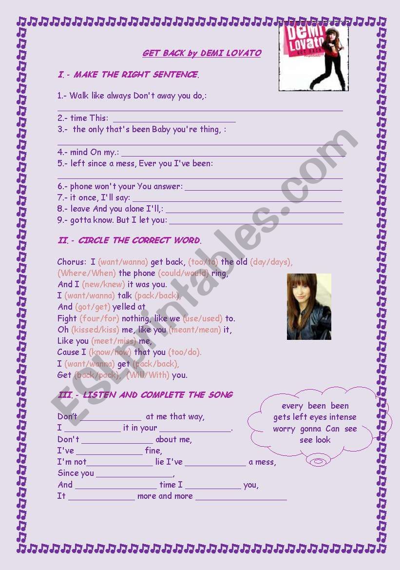 Get Back by Demi Lovato worksheet