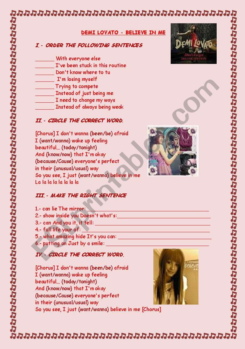 Believe in me by Demi Lovato worksheet