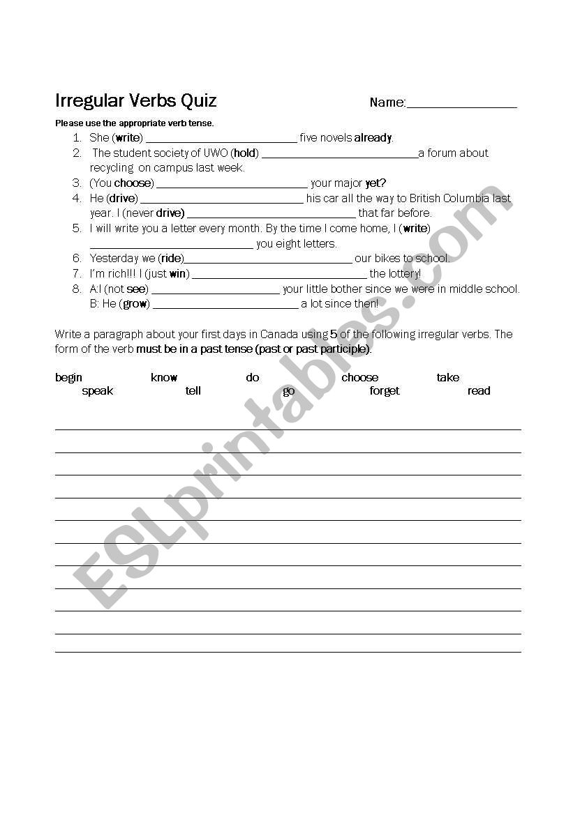 irregular verb quiz worksheet