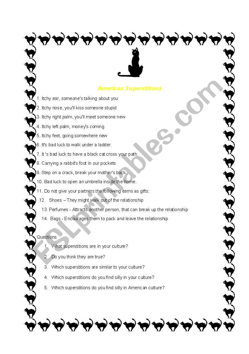 American Superstitions worksheet