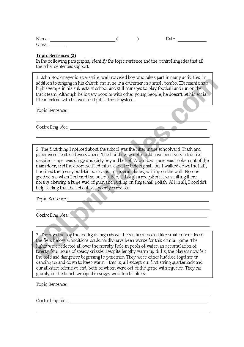 Identifying Topic Sentence worksheet