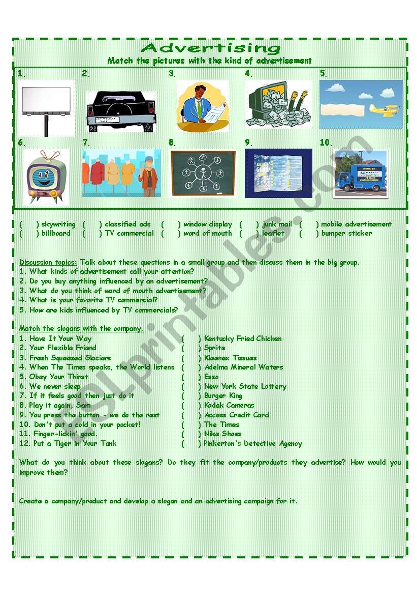 Kinds of advertisement worksheet