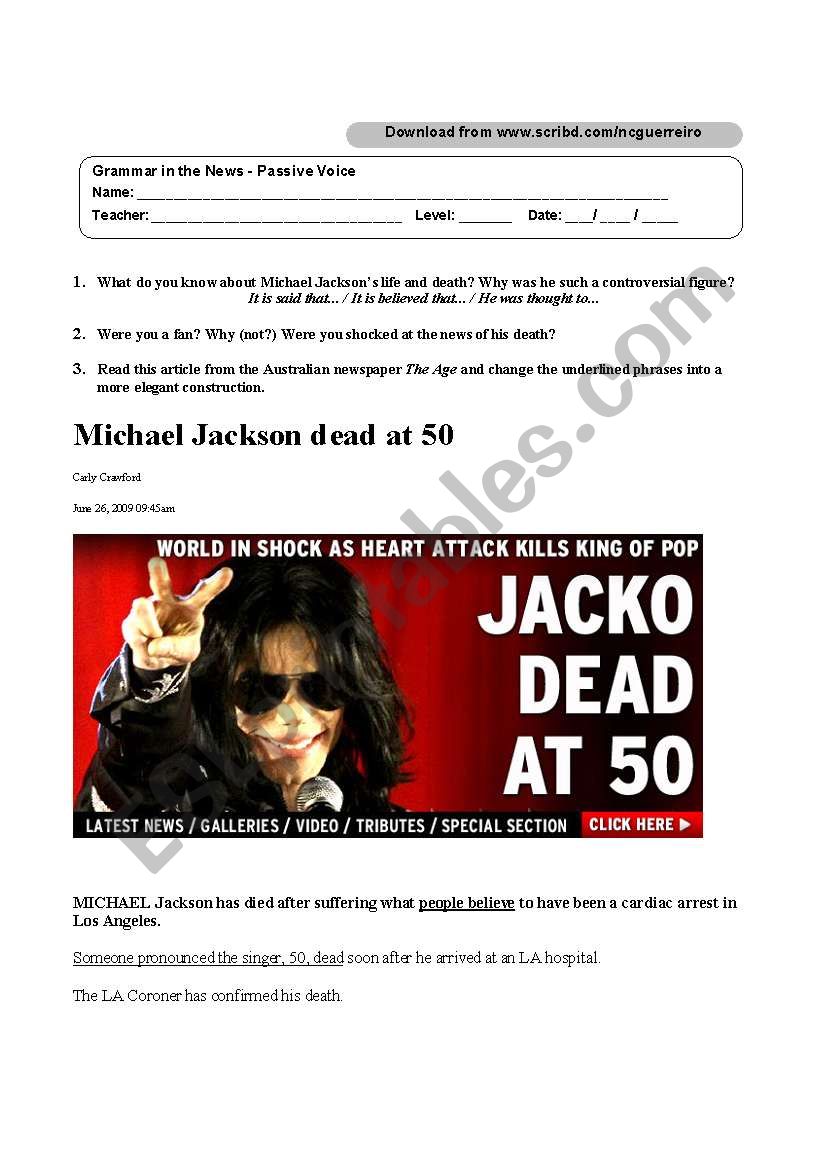 Michael Jackson Dead at 50 worksheet