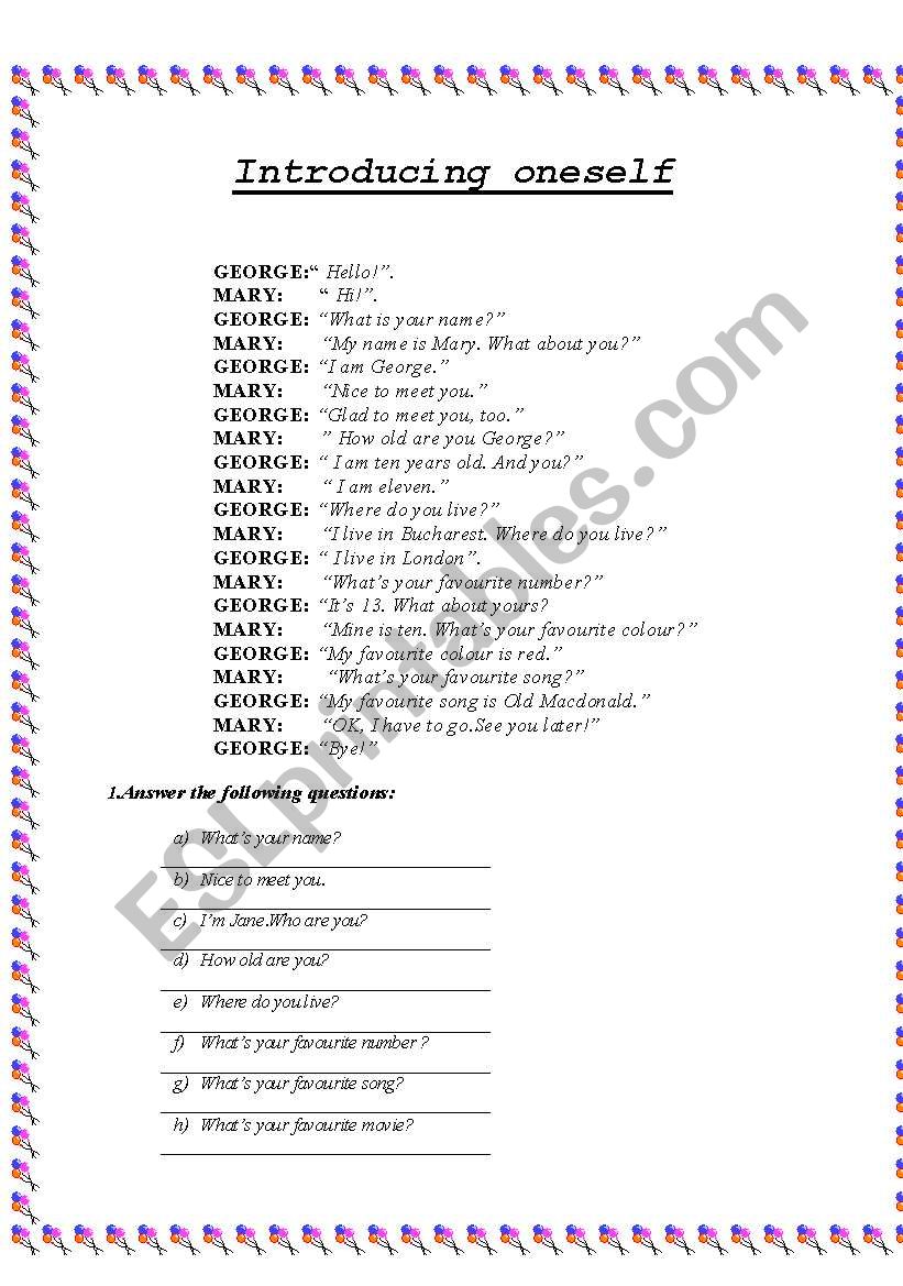 Introducing Oneself-3 pages worksheet