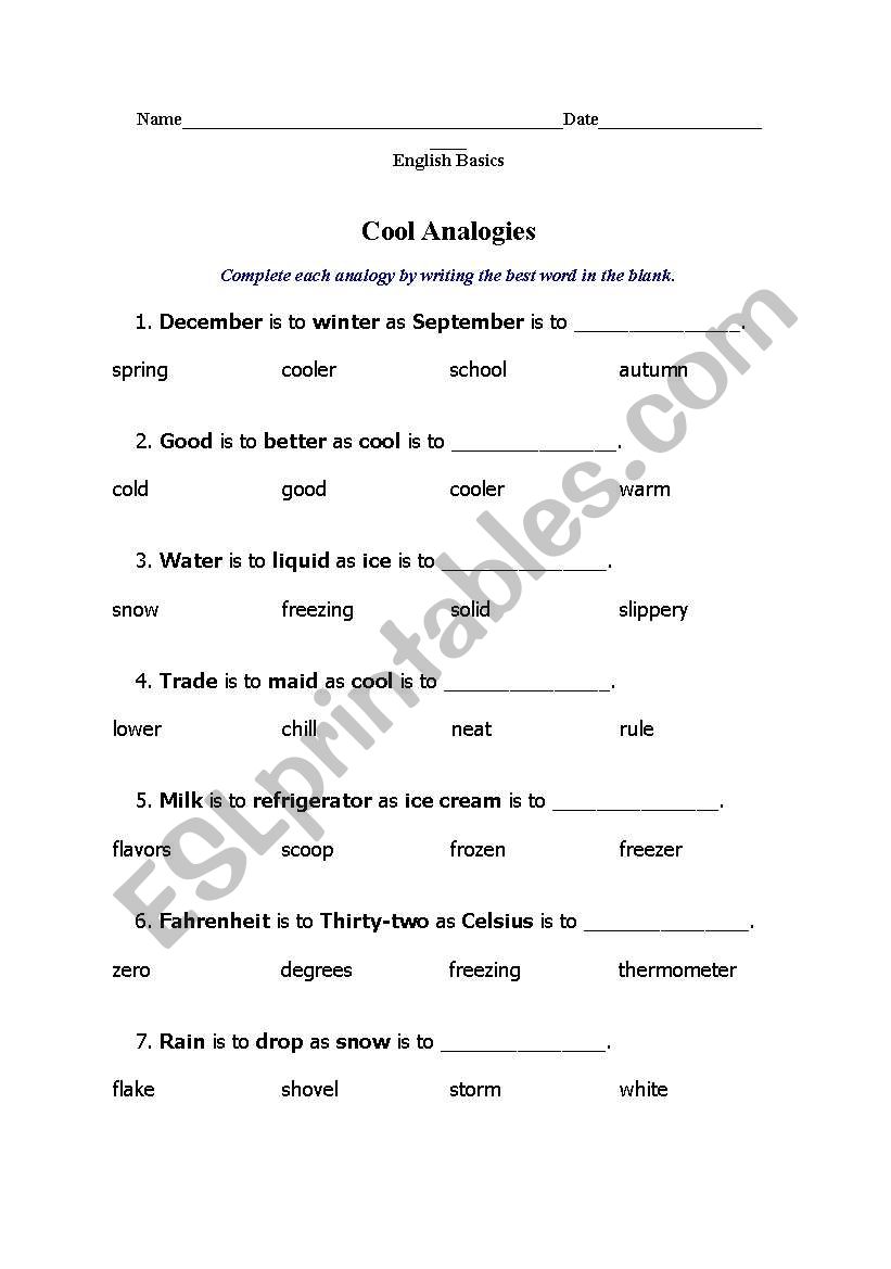 Worksheet - Analogies. worksheet