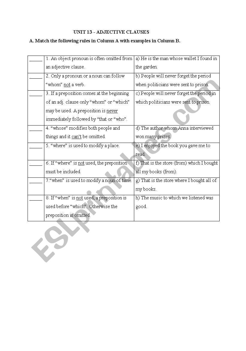 Adjective Clauses Matching Exercise