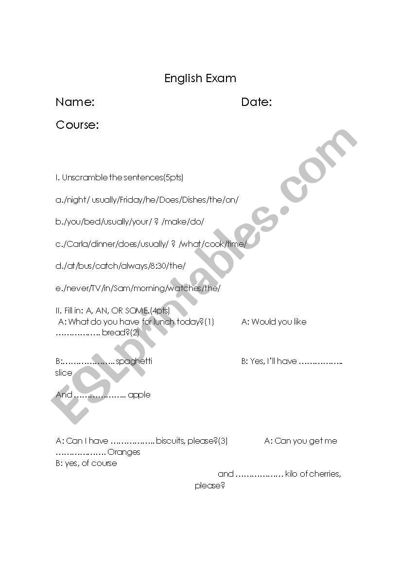 exam worksheet