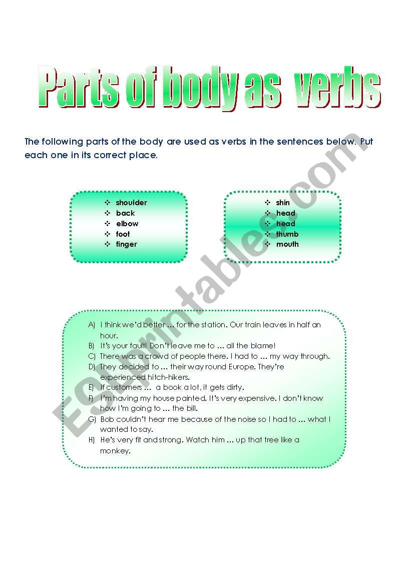 Parts of body as verbs worksheet