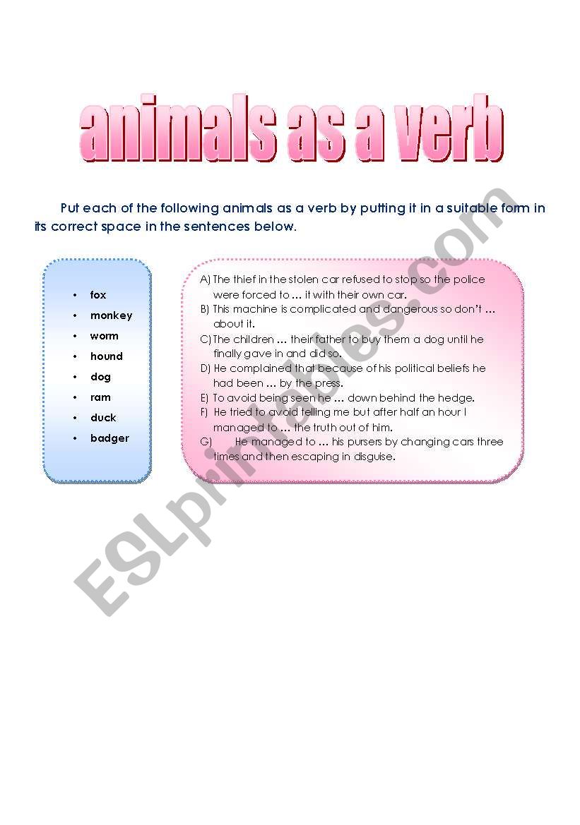 Animals as verbs worksheet