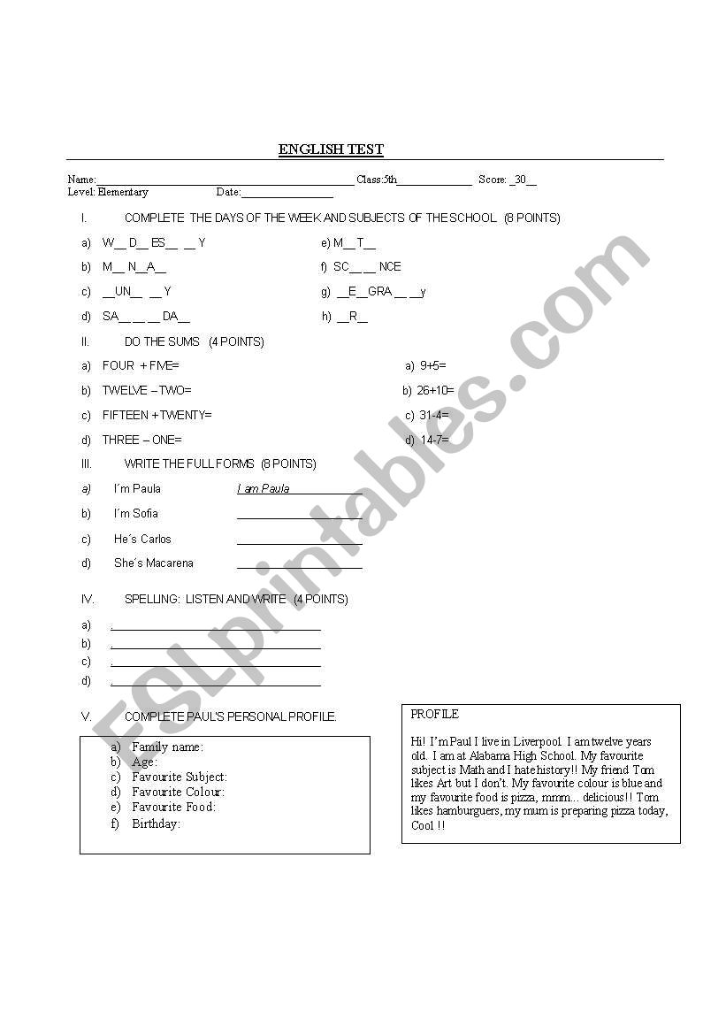 test for 5th  worksheet