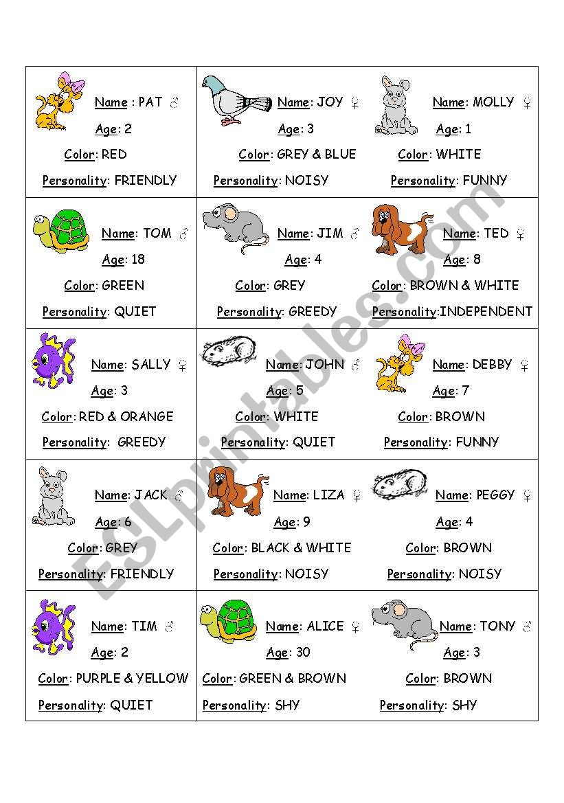 little cards pets worksheet