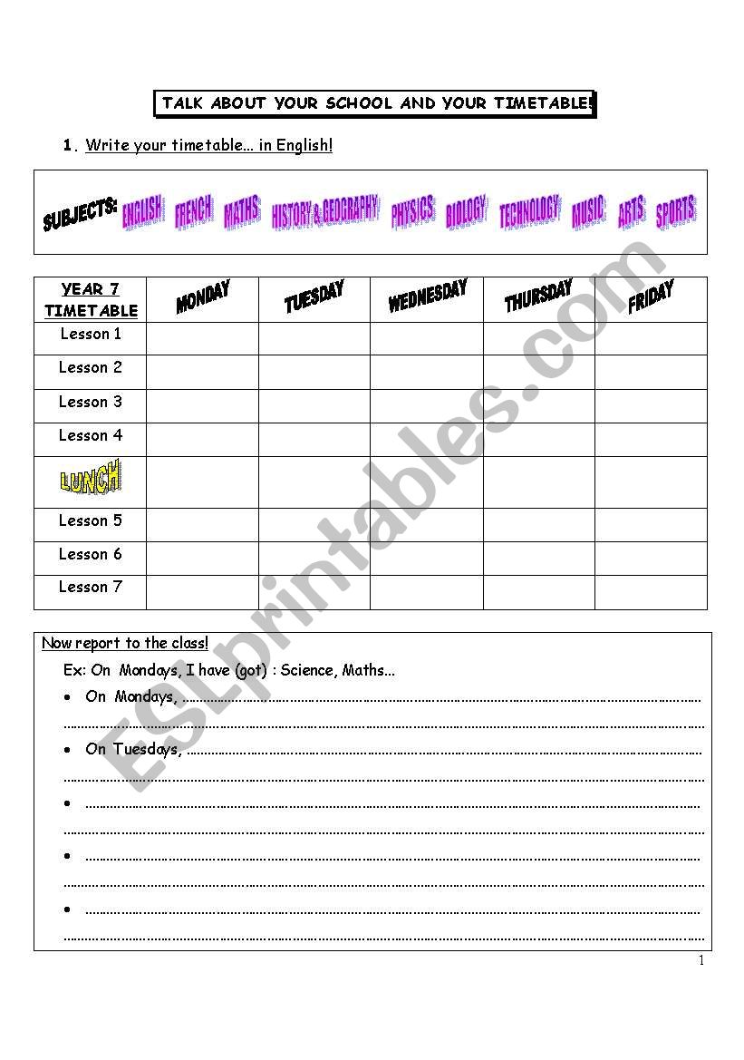 talk about your school and timetable