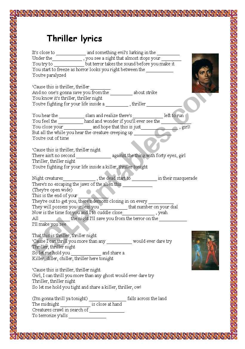 Thriller lyrics worksheet