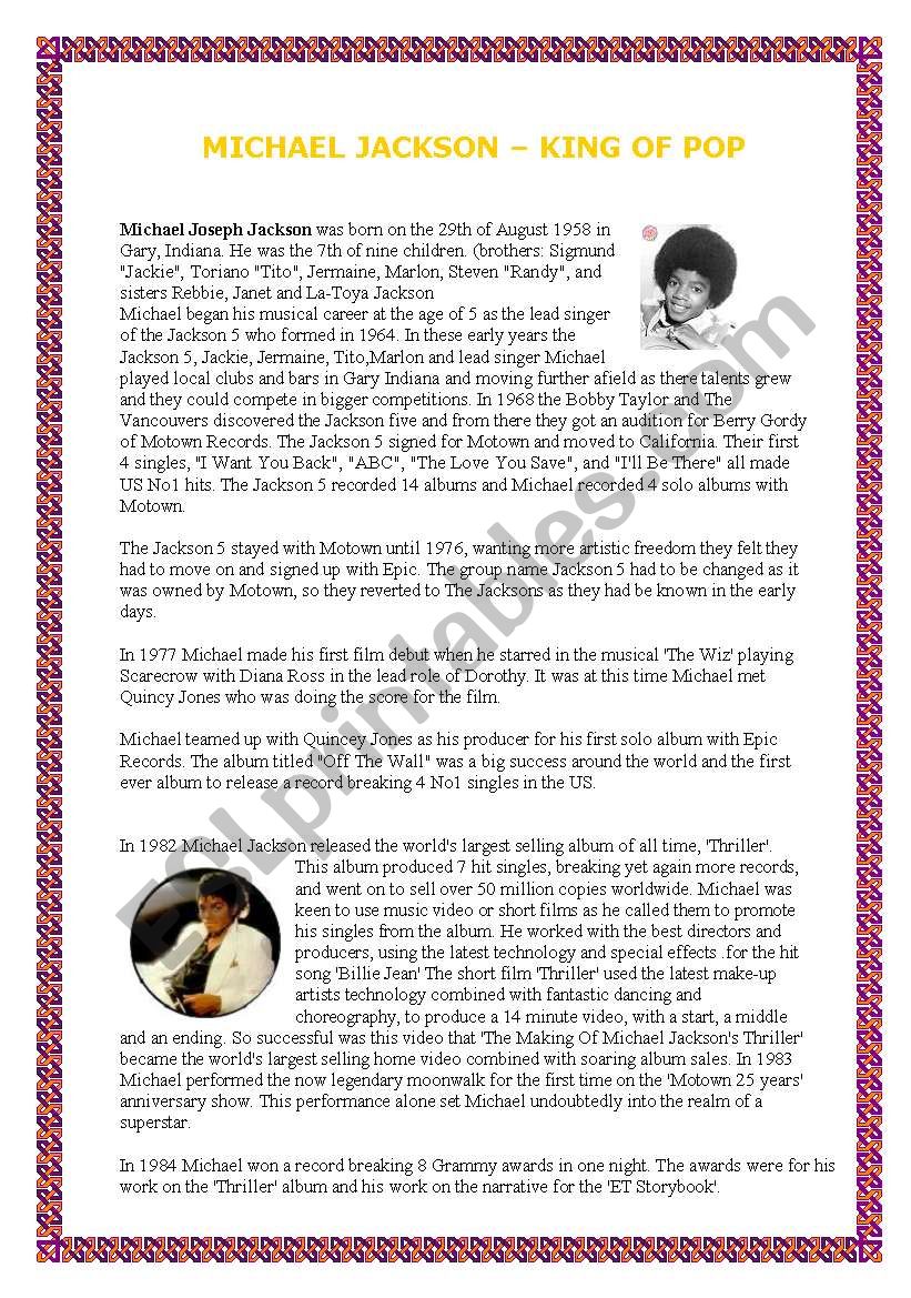 Michael Jacksons biography worksheet