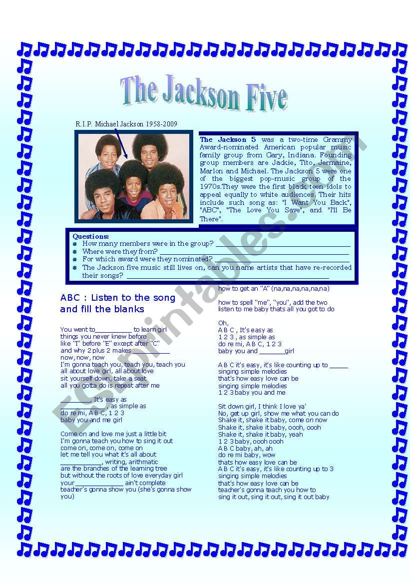 The Jackson 5 worksheet