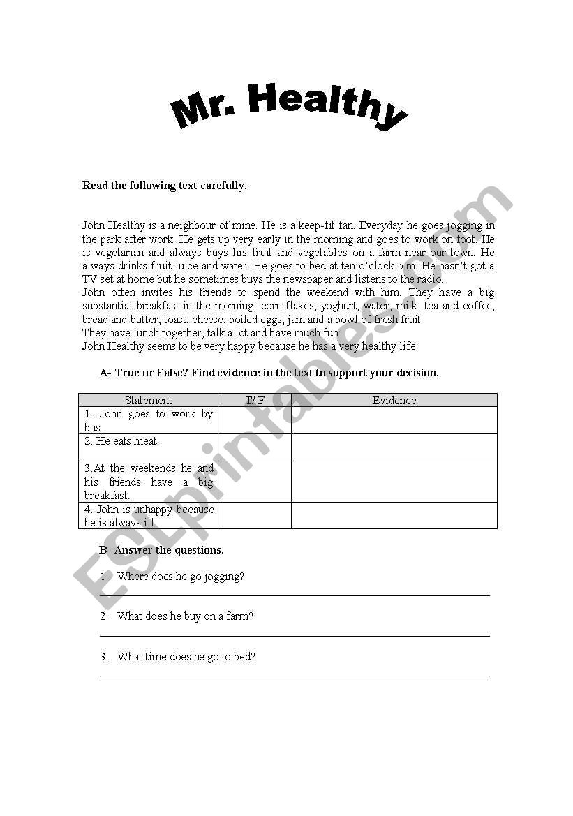 Mr. Healthy worksheet