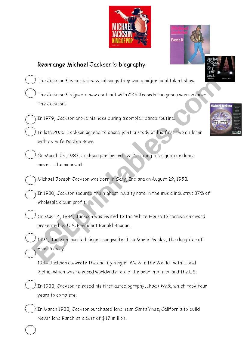 michael jacksonÂ´s  biography worksheet