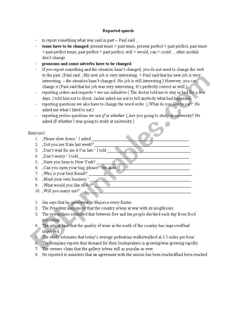 Reported speech worksheet