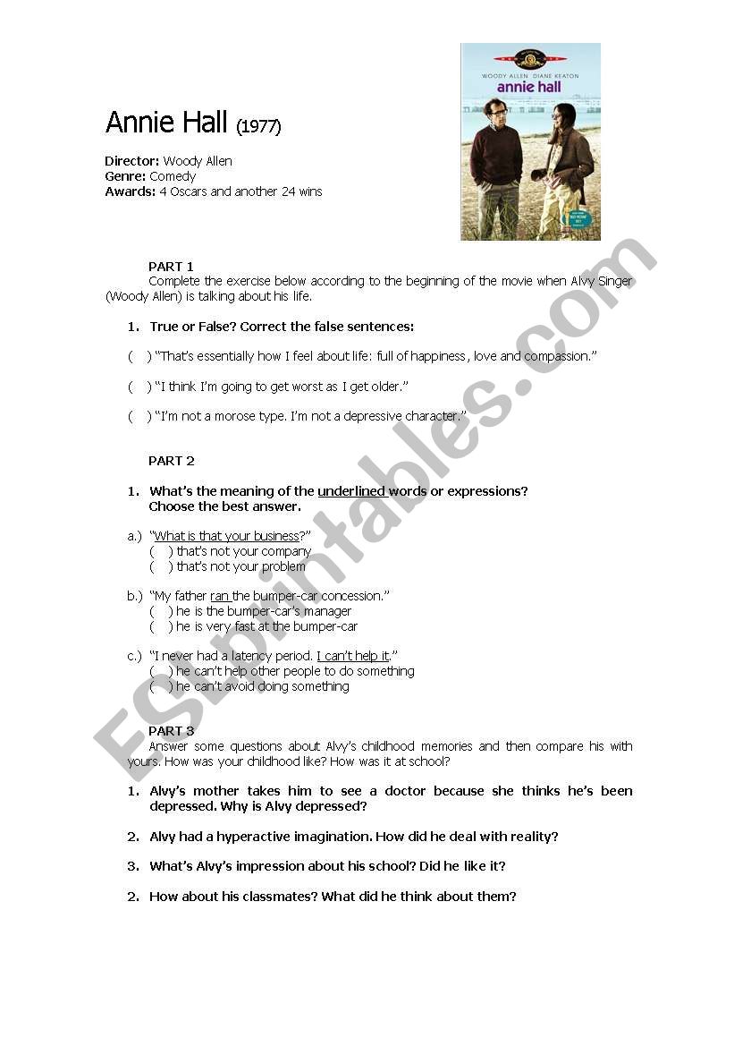 Annie Hall (movie activity) worksheet