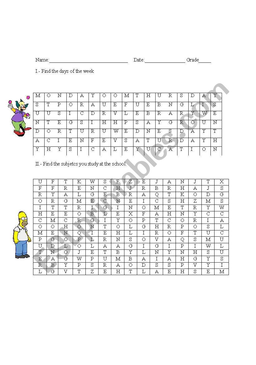 DAYS OF THE WEEK AND SCHOOL SUBJECTS