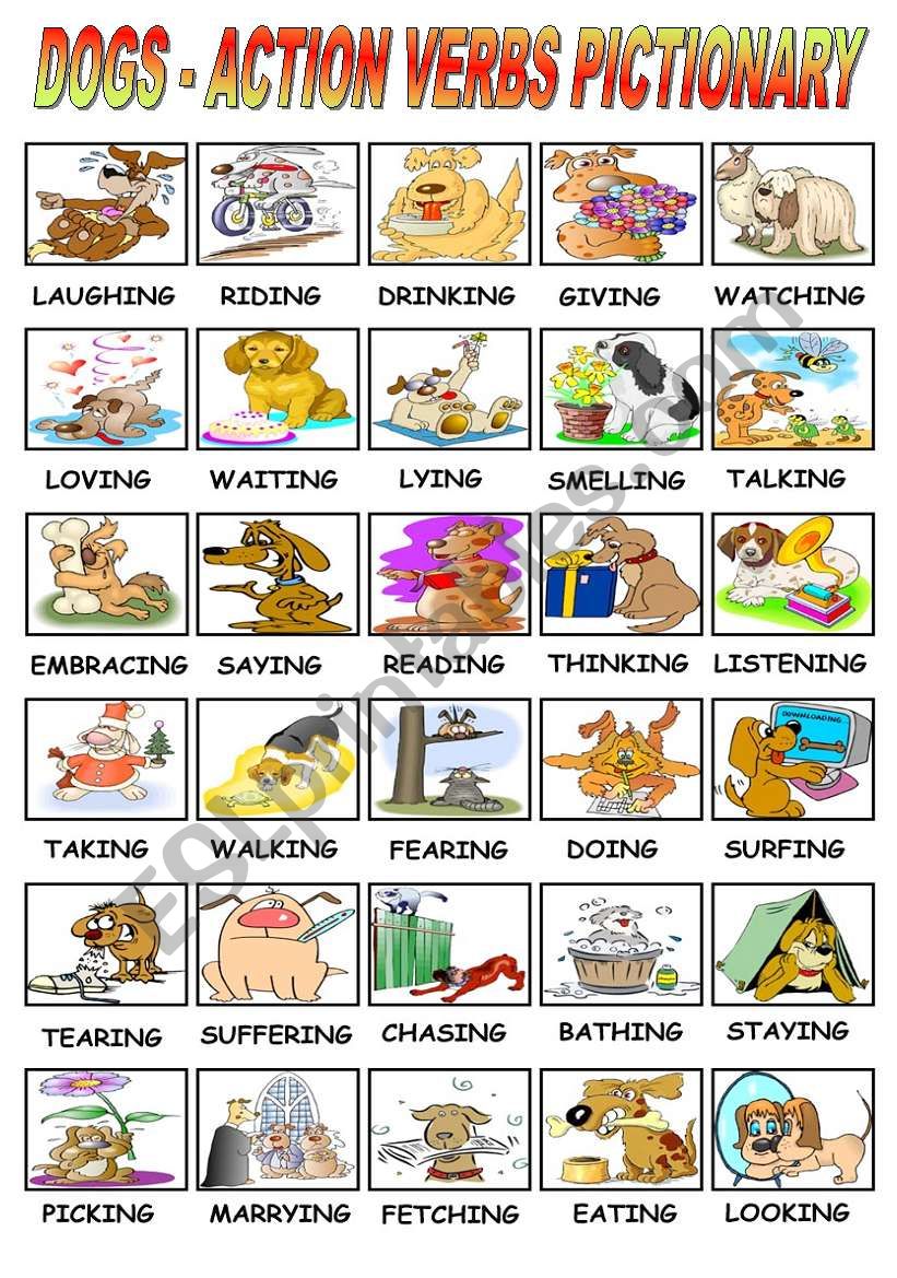 DOGS- ACTION VERBS PICTIONARY worksheet