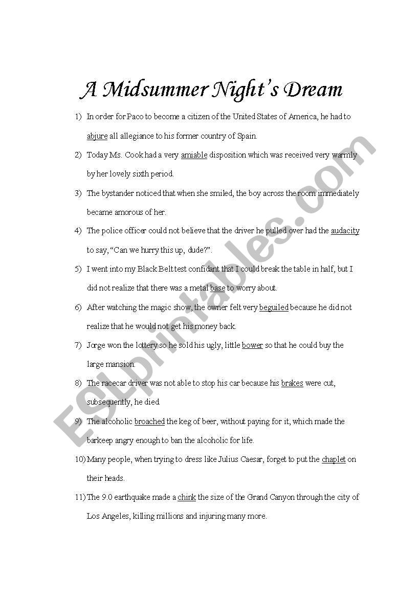 A Midsummer Nights Dream Vocabulary Sentences