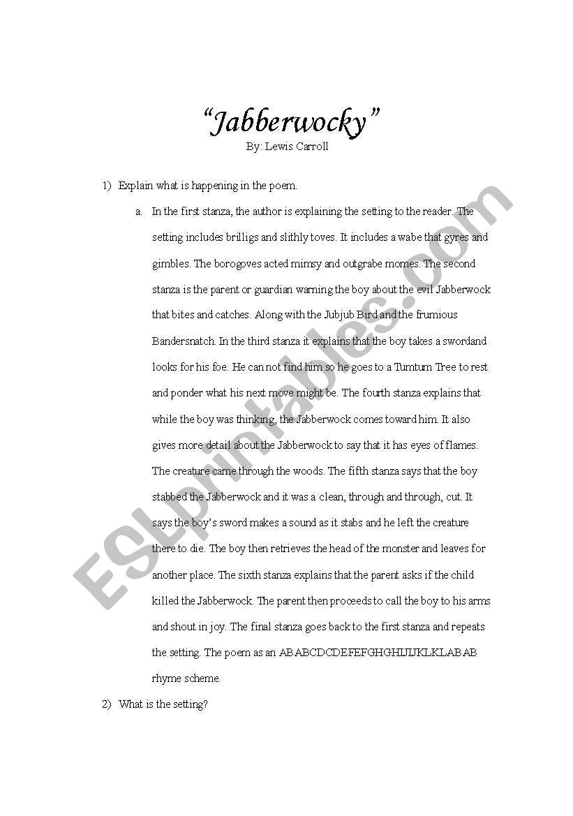 Jabberwocky Review worksheet