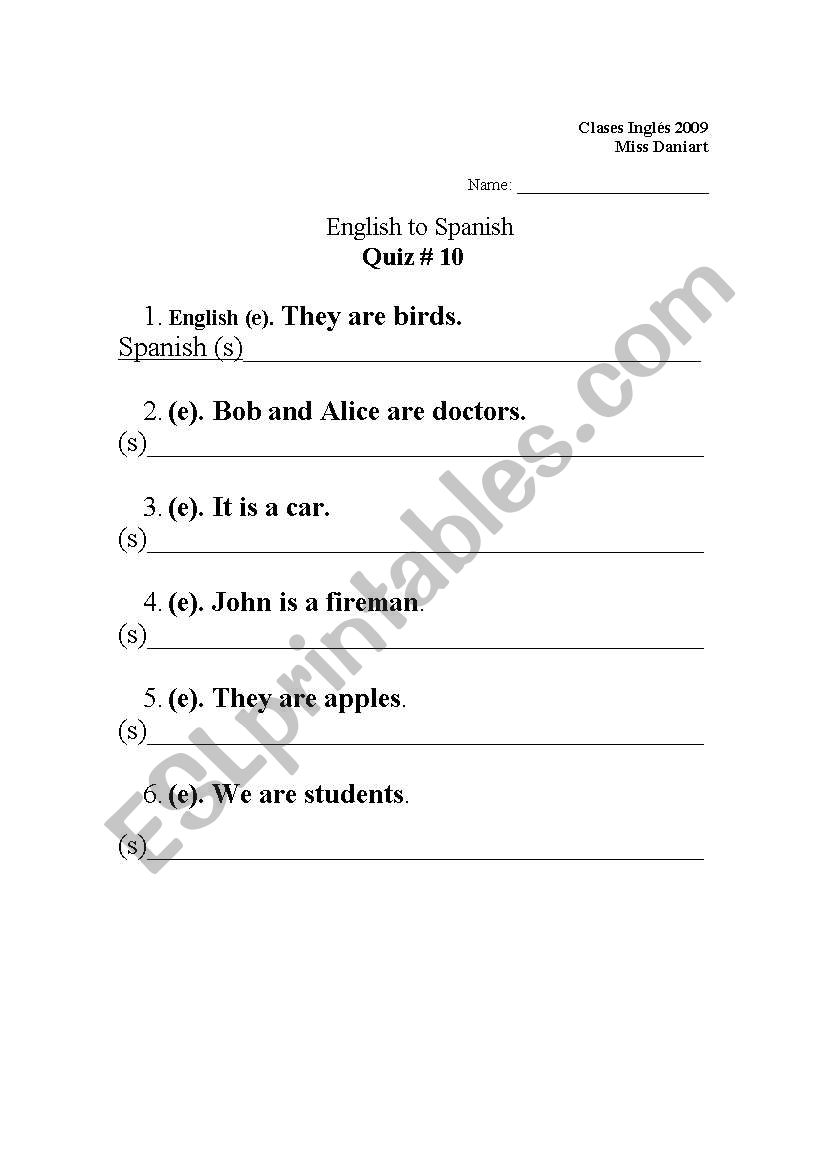 from english to spanish worksheet