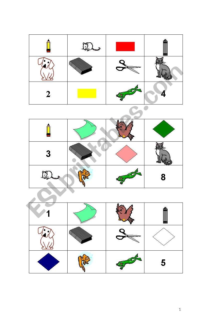Bingo Game Colours-Animals-Classroom Objects