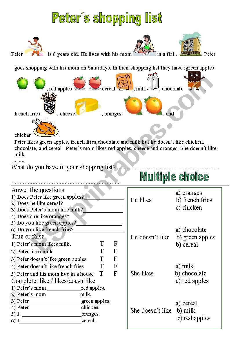 Peters shopping list worksheet