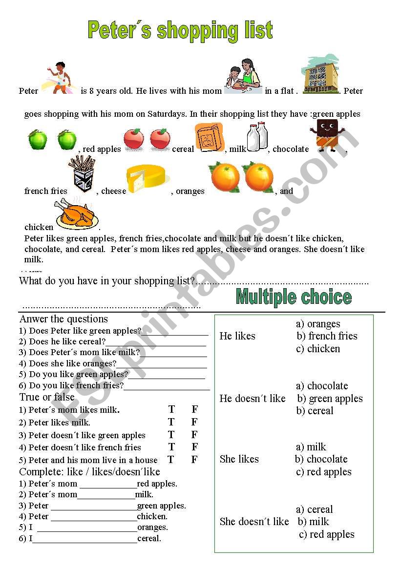 PeterÂ´s shopping list worksheet