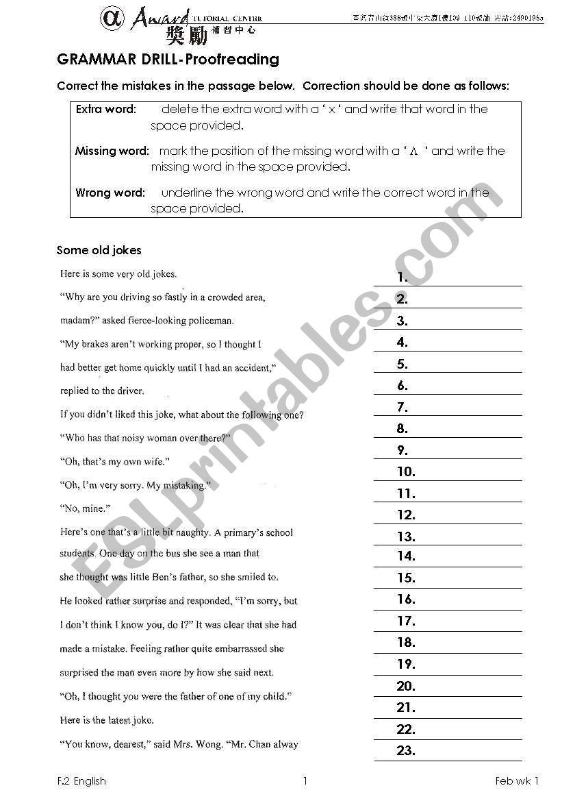 Proofreading worksheet