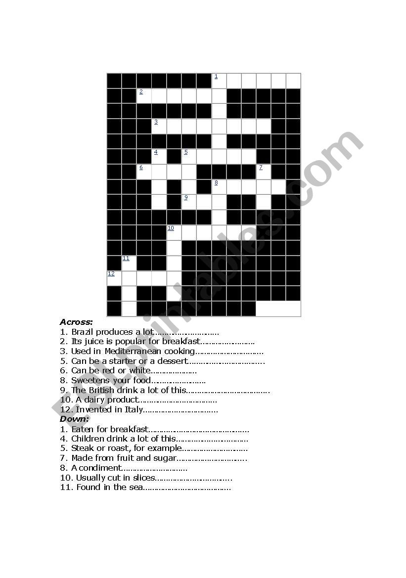 food crossword worksheet