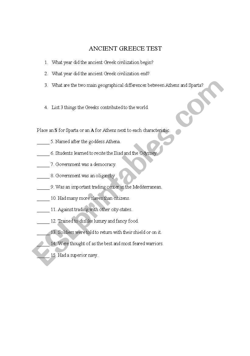 Ancient Greece Test worksheet