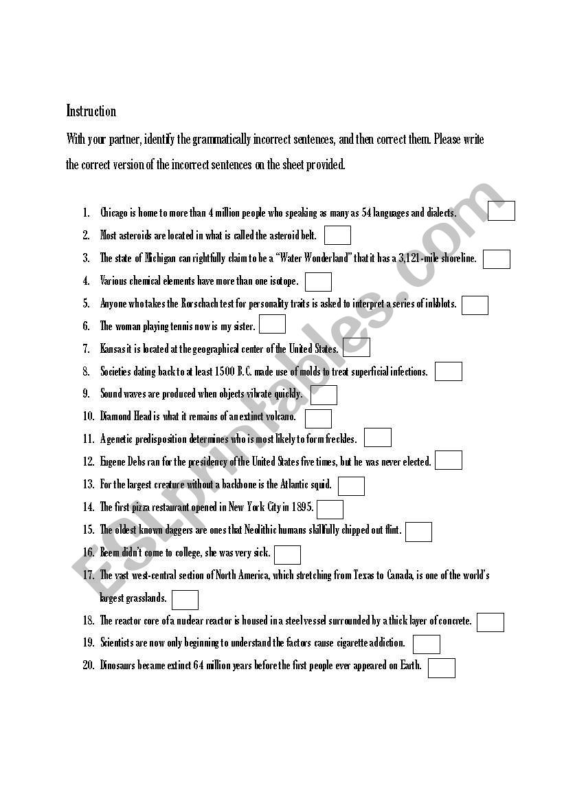 Correcting Sentences worksheet