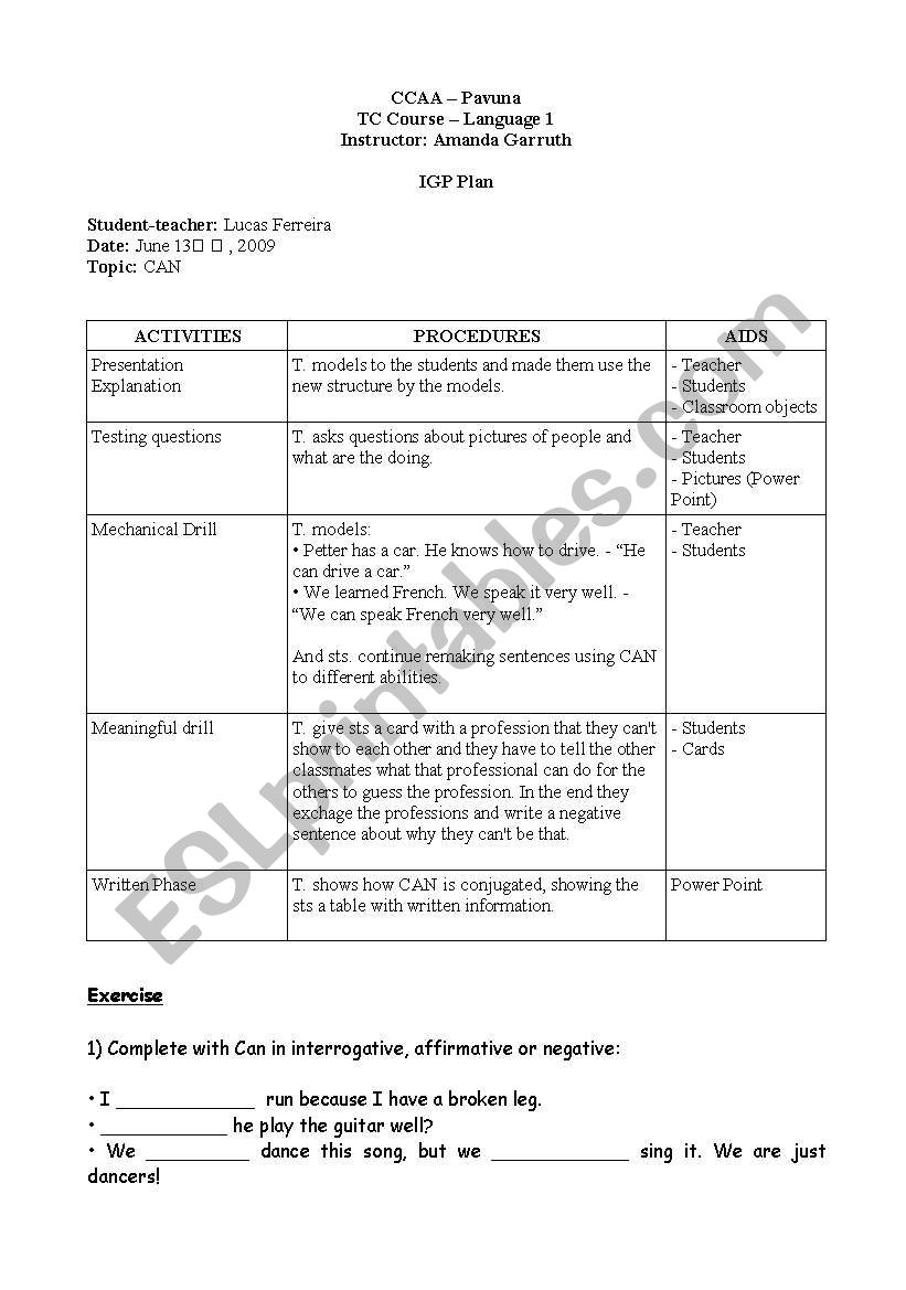 Lesson Plan - CAN worksheet